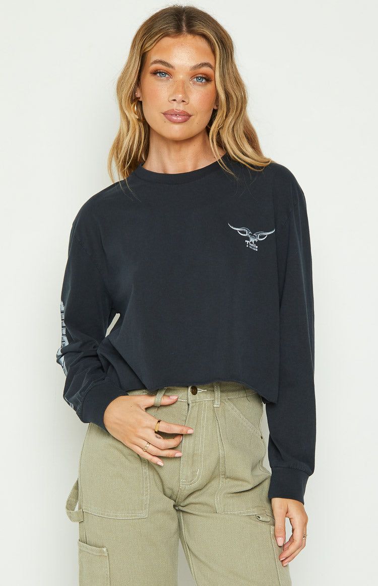 Thrills Iron Eagle LS Merch Twilight Black Super Crop Tee sold by Beginning Boutique product image thumbnail 2
