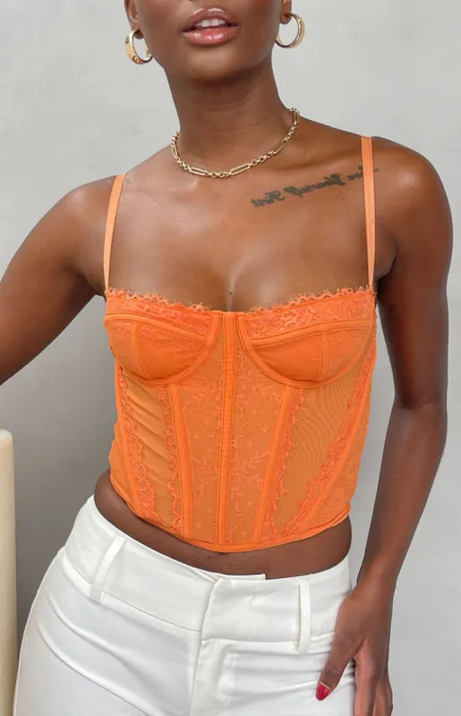Evangeline Orange Lace Corset Top sold by Beginning Boutique