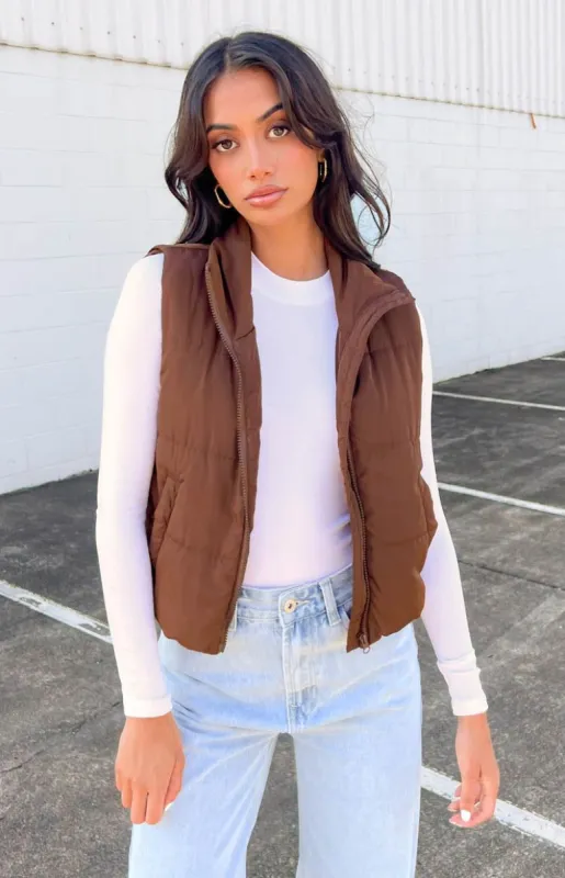 Daya Chocolate Puffer Vest sold by Beginning Boutique
