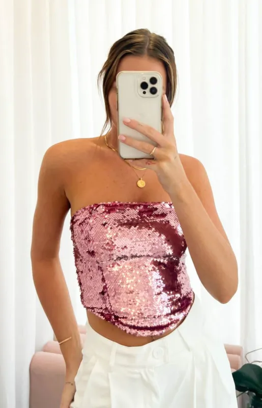 Glitz Pink Sequin Corset Top sold by Beginning Boutique