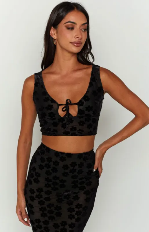 Late Night Black Tie Front Crop sold by Beginning Boutique