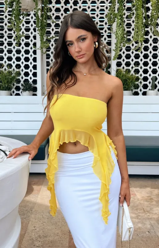 Iris Yellow Ruffle Strapless Top sold by Beginning Boutique