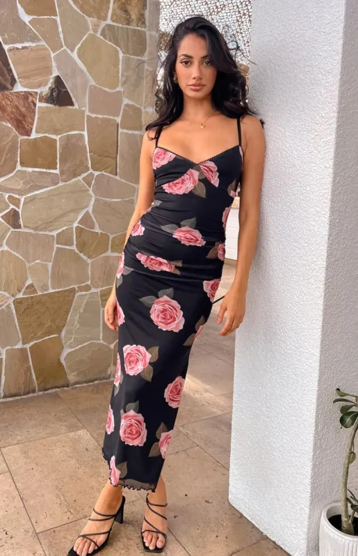 Capri Black Floral Mesh Midi Dress sold by Beginning Boutique