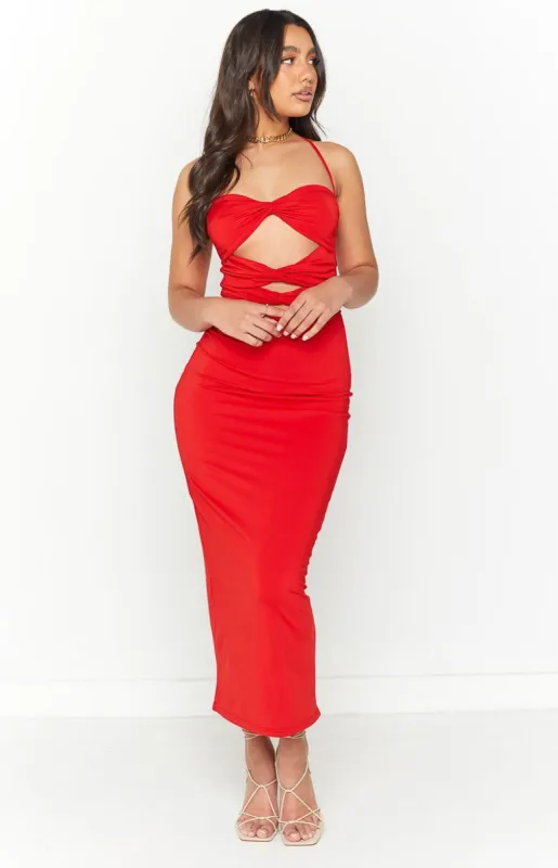 Harpur Red Cut Out Midi Dress sold by Beginning Boutique
