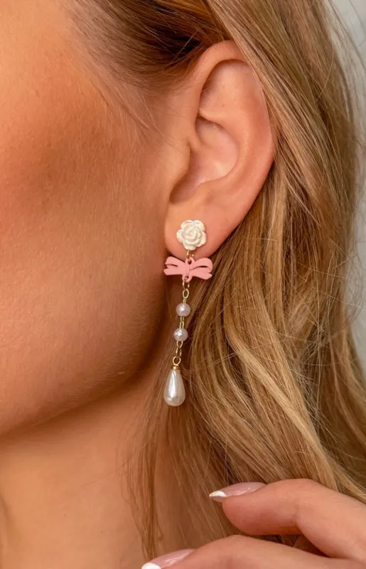 Kaia Pink Bow Pearl Drop Earrings sold by Beginning Boutique