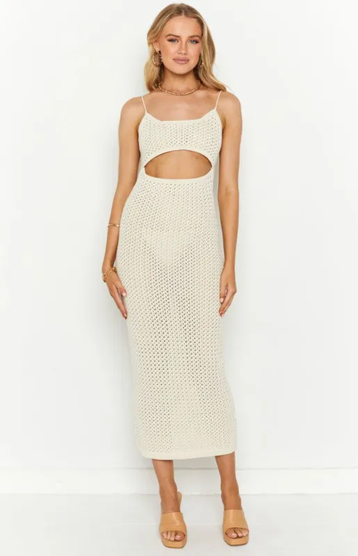 Zuri Beige Crochet Knit Maxi Dress sold by Beginning Boutique