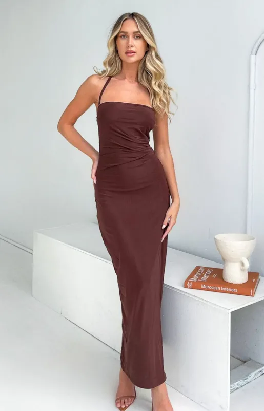 Khalo Brown Halter Formal Maxi Dress sold by Beginning Boutique