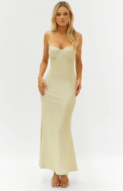 Aria Champagne Formal Maxi Dress sold by Beginning Boutique
