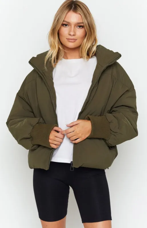 Remi Puffer Jacket Khaki made by Beginning Boutique