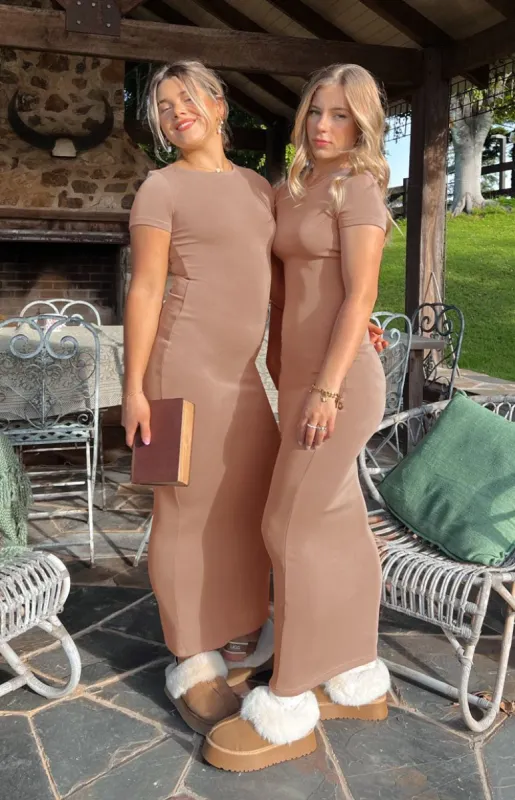 Raya Taupe Maxi Dress sold by Beginning Boutique