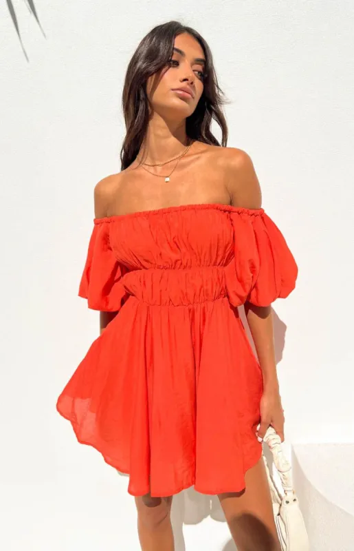 Paradise Puff Orange Mini Dress sold by Beginning Boutique