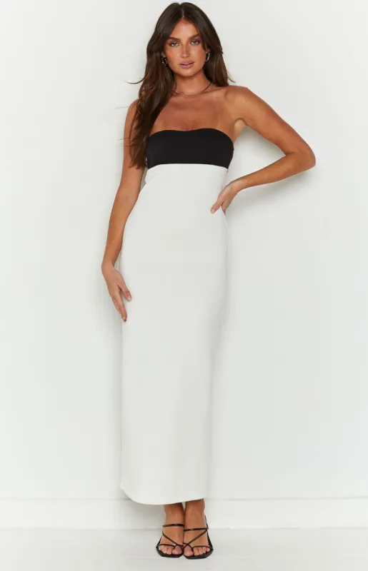 Cierra Strapless White Midi Dress sold by Beginning Boutique