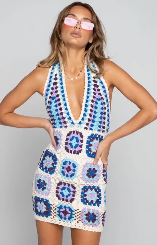 Harmon Crochet Dress Blue sold by Beginning Boutique