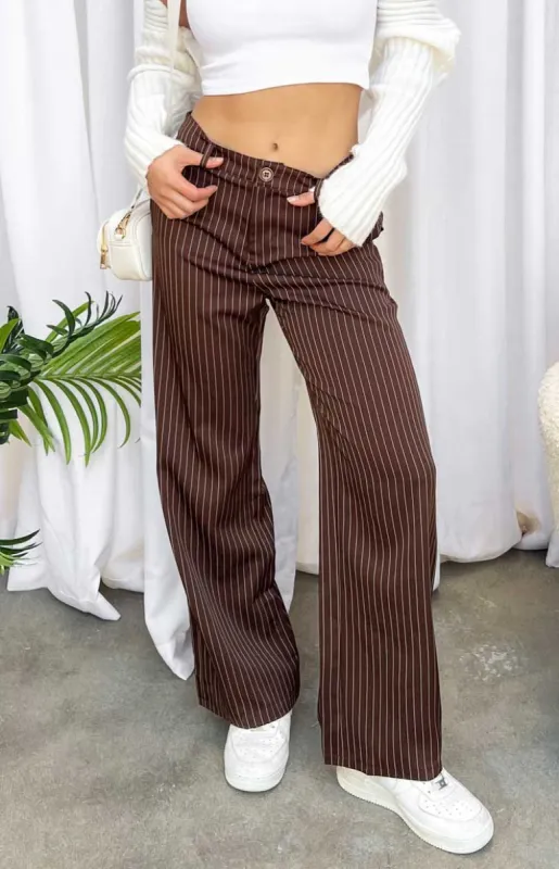 Ainsley Brown Pinstripe Pants sold by Beginning Boutique