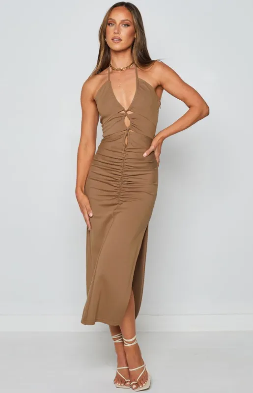Caroline Midi Dress Brown sold by Beginning Boutique