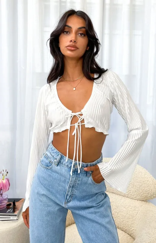 Tayla White Pleated Long Sleeve Top sold by Beginning Boutique