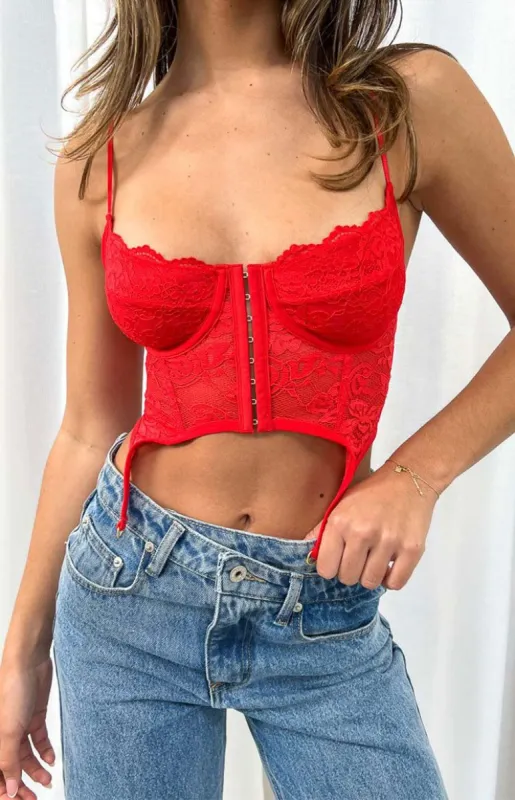 Beckster Red Garter Corset Top sold by Beginning Boutique