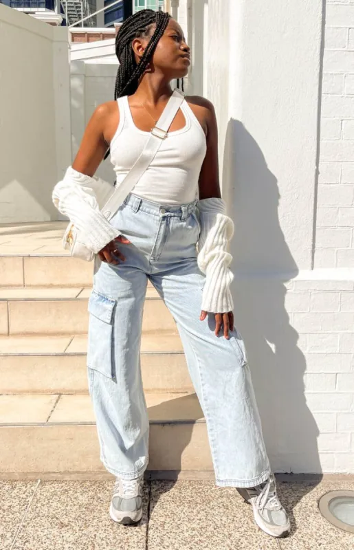 Helley Blue Denim Cargo Pants sold by Beginning Boutique