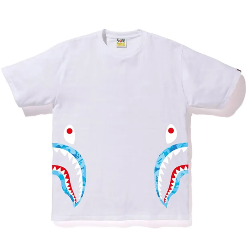 BAPE Fire Camo Side Shark Tee White/Blue sold by PLUS