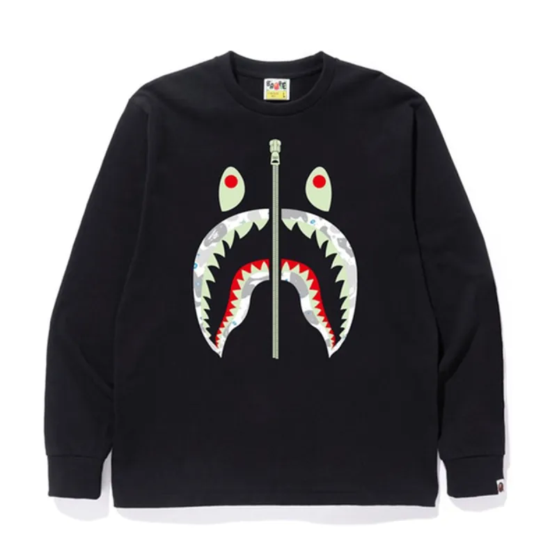 BAPE Space Camo Shark L/S Tee Black sold by PLUS