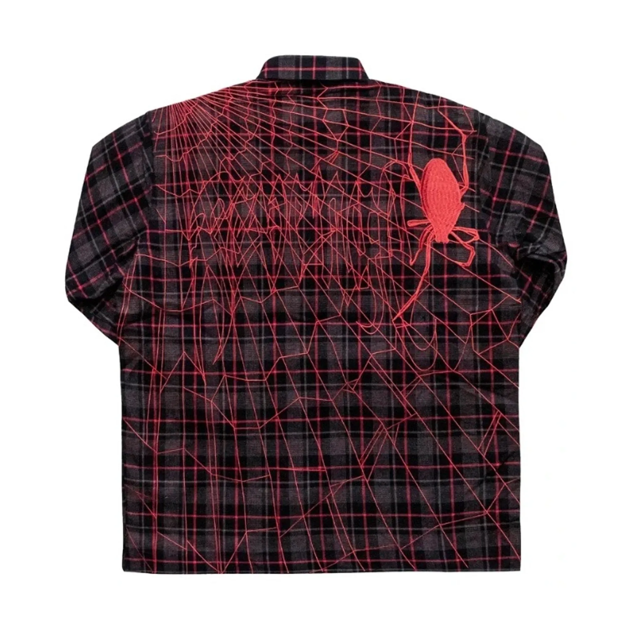 Revenge Spider Embroidered Button Up Flannel Red sold by PLUS