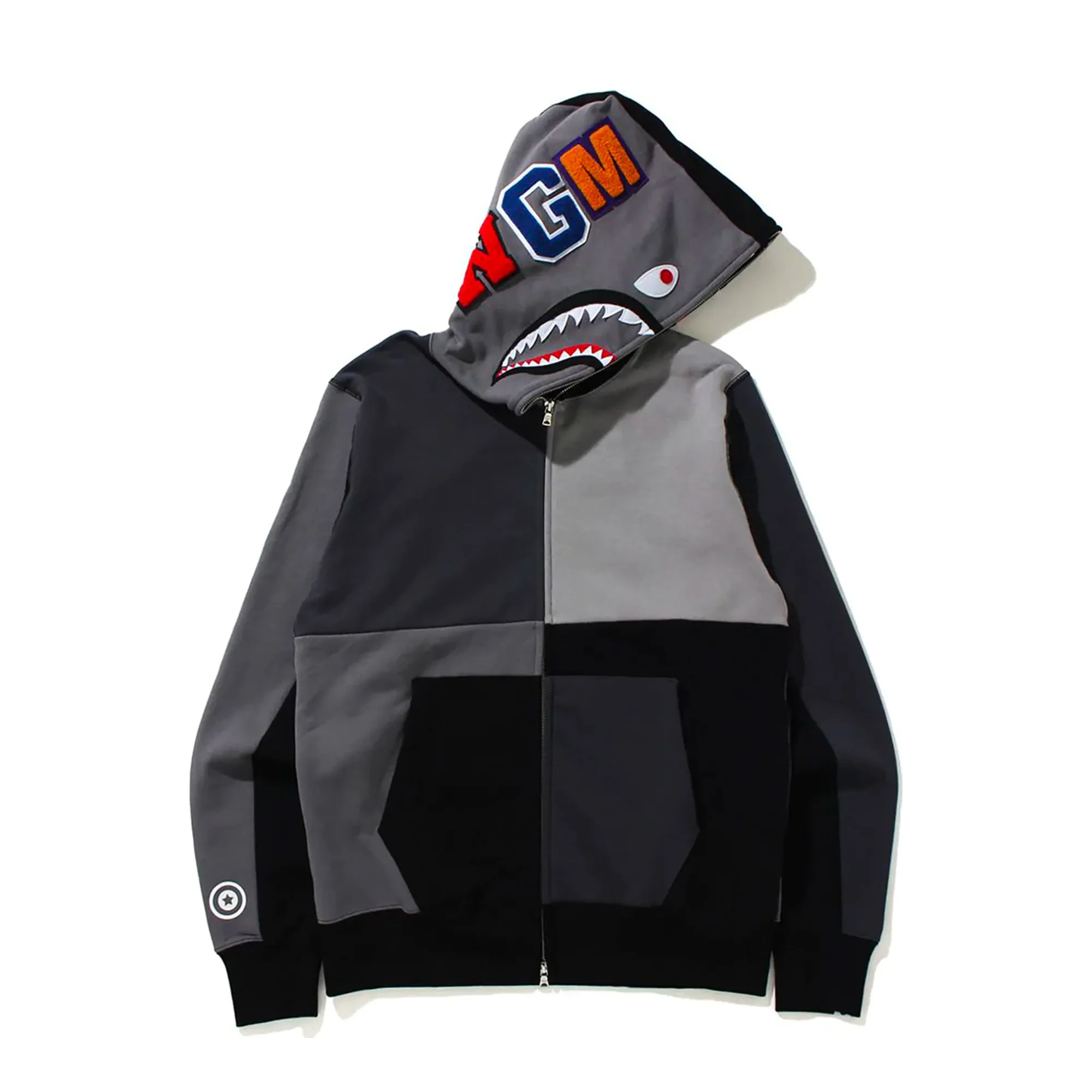 Bape Multi Color Patchwork Shark Full Zip Hoodie Gray sold by PLUS