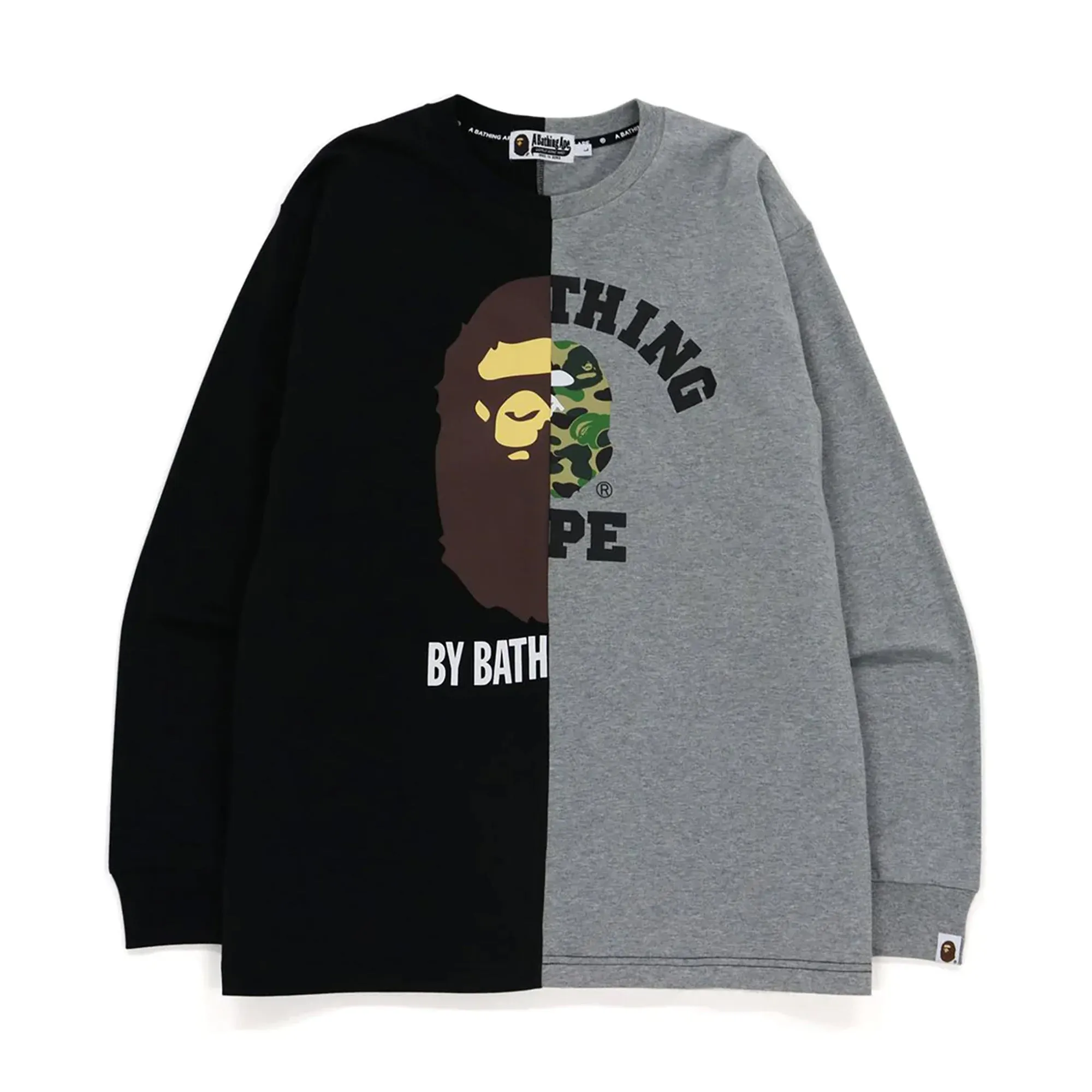 Bape Split College & By Bathing Relaxed Fit Ape L/S Tee Black/Grey sold by PLUS