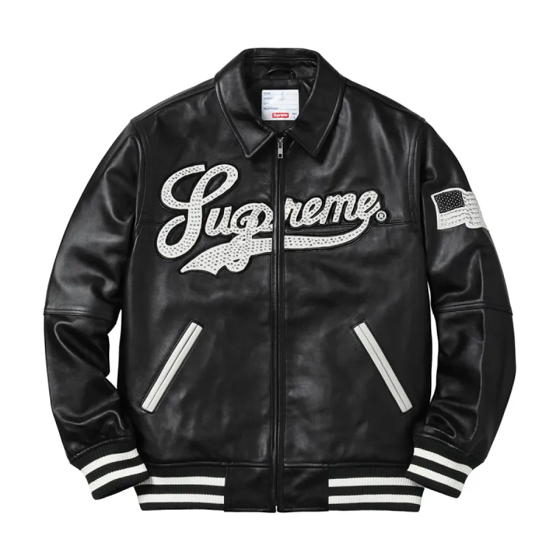 Supreme Uptown Studded Leather Varsity Jacket Black sold by PLUS