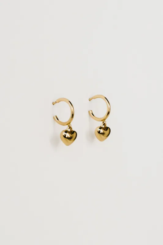Puffy Heart Charm Hoops, Golden Brass sold by Naomi Murrell