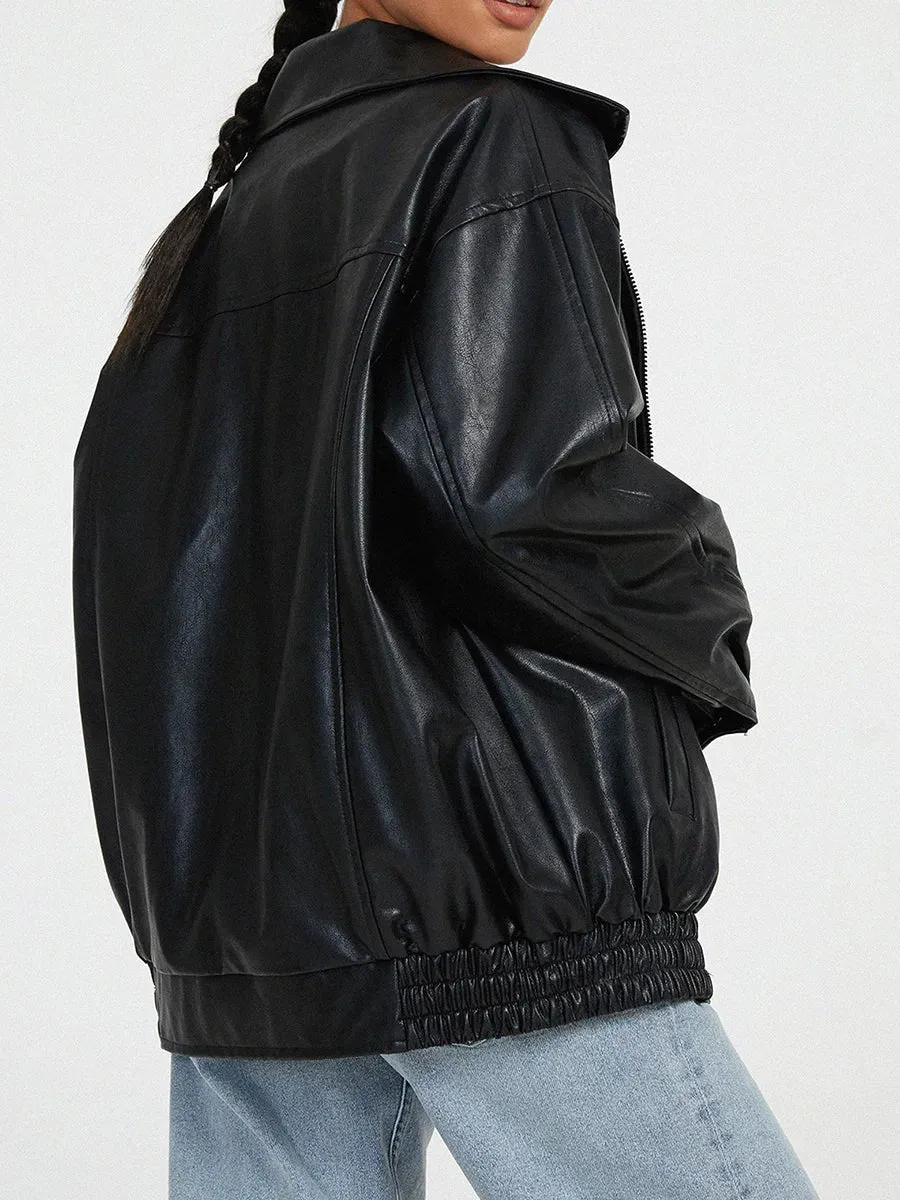 Women's Zip-Up Biker Jacket - Oversized Fit with Shirred Hem sold by Elvoria London product image thumbnail 5