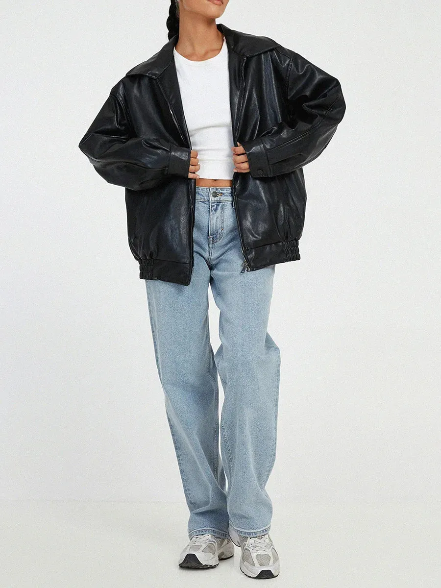 Women's Zip-Up Biker Jacket - Oversized Fit with Shirred Hem sold by Elvoria London product image thumbnail 3