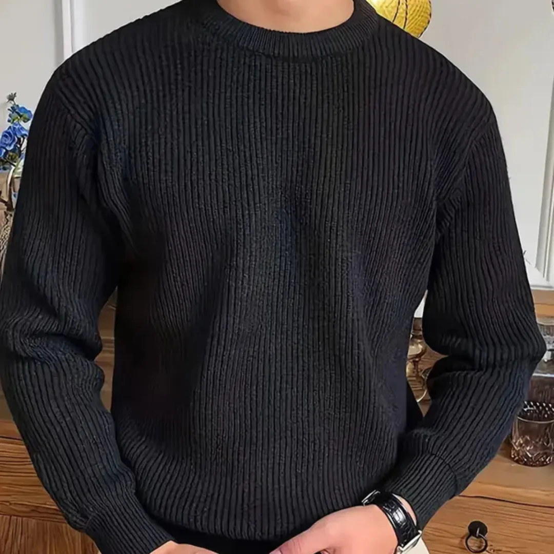 Men's Black Ribbed Jumper - Crew Neck and Relaxed Fit sold by Elvoria London