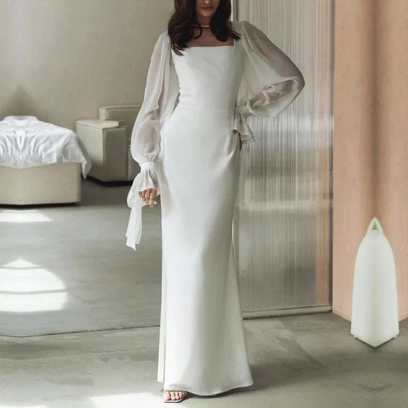 Women's Maxi Wedding Dress - Square Neck with Bishop Sleeves sold by Elvoria London