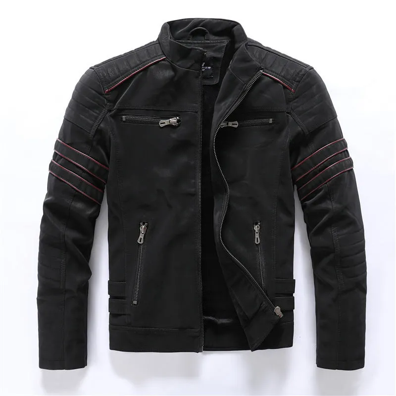 Men's Biker Jacket - Stand Collar with Red Stripe Detail sold by Elvoria London
