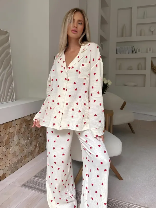 Women's White Pyjama Set - Red Heart Print made by Elvoria London