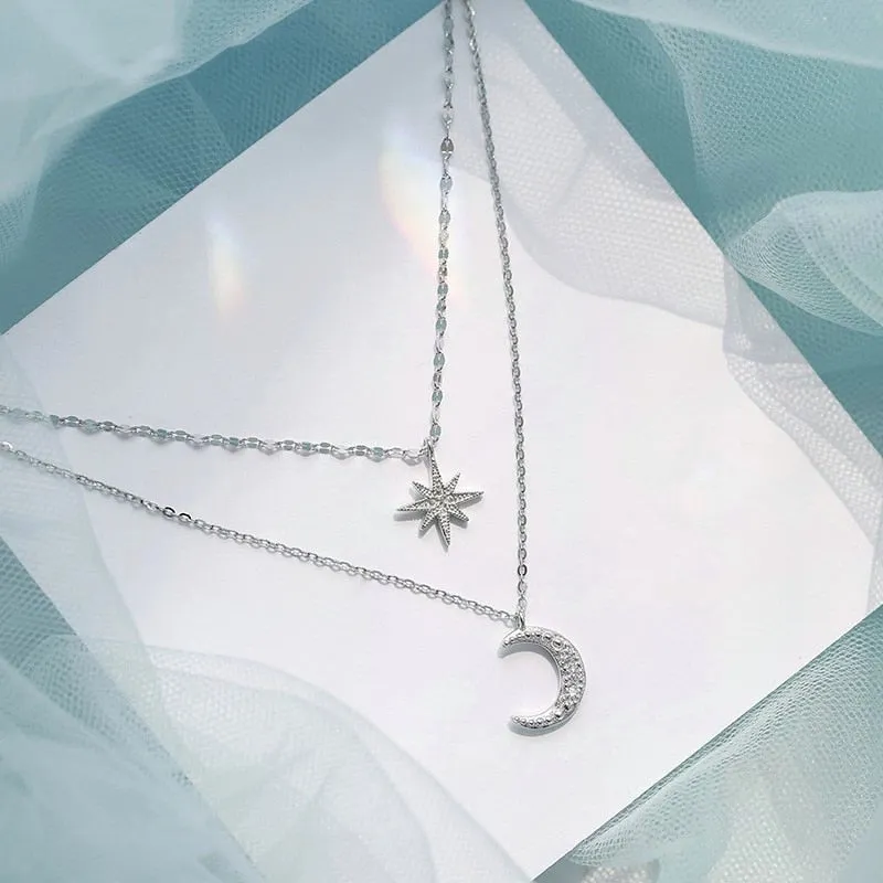 Women's Silver Layered Necklace - Star and Moon Pendant sold by Elvoria London product image thumbnail 2