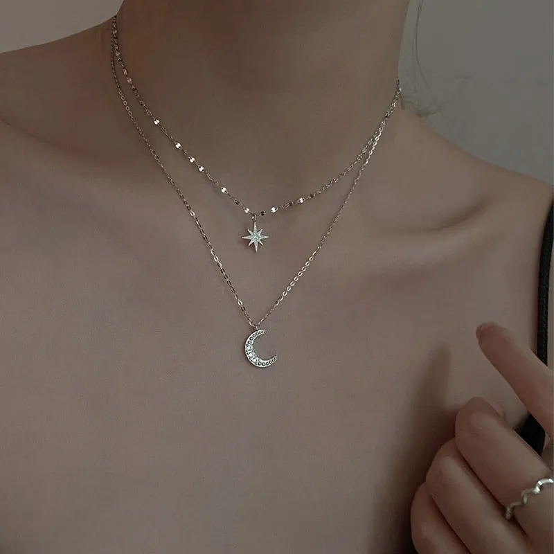 Women's Silver Layered Necklace - Star and Moon Pendant sold by Elvoria London product image thumbnail 3