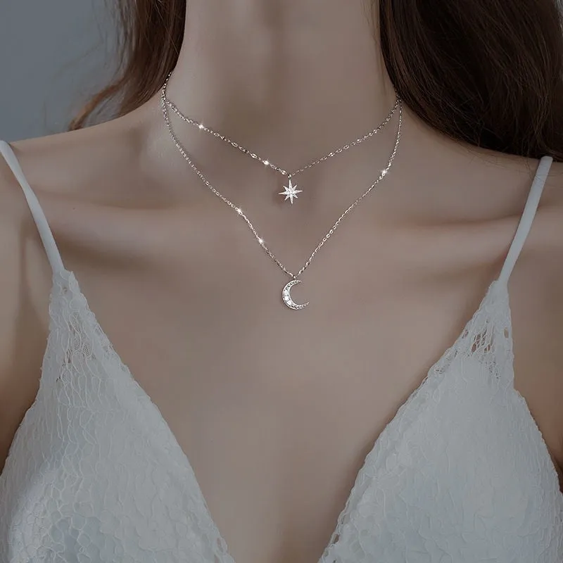 Women's Silver Layered Necklace - Star and Moon Pendant sold by Elvoria London