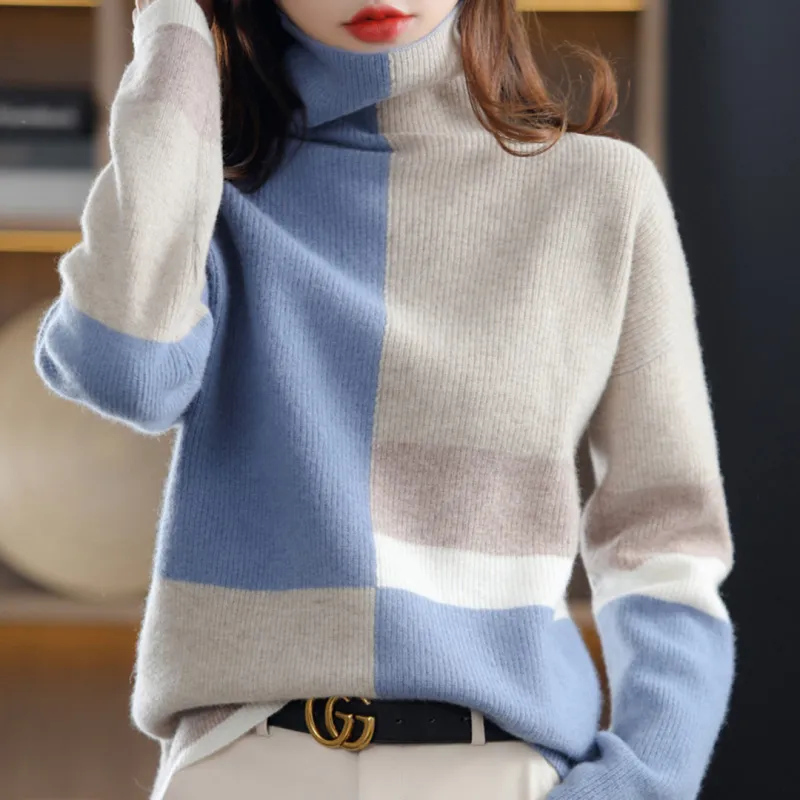 Women's Roll Neck Jumper - Colour Block Pattern sold by Elvoria London