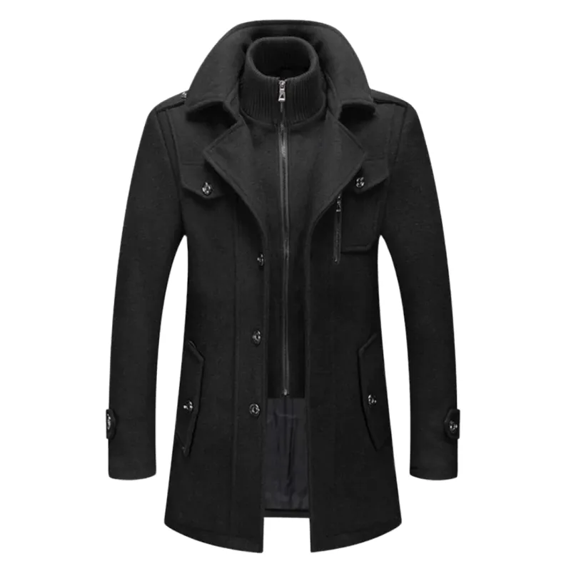Men’s Black Coat – High Neck and Front Button Closure sold by Elvoria London