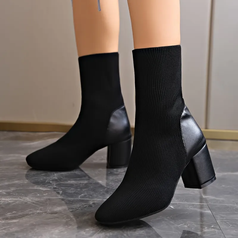 Women's Black Ankle Boots - Knitted with Chunky Heel sold by Elvoria London