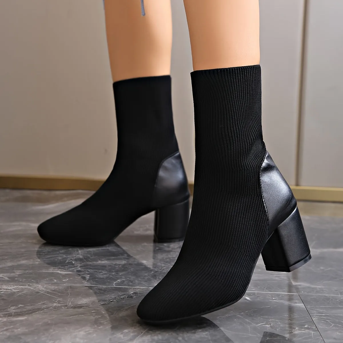 Women's Black Ankle Boots - Knitted with Chunky Heel sold by Elvoria London