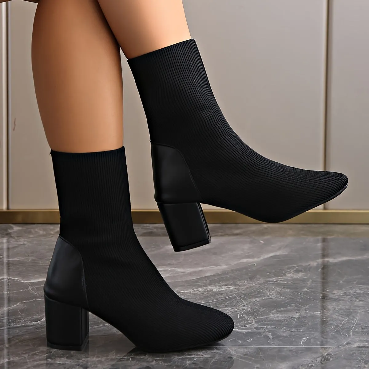 Women's Black Ankle Boots - Knitted with Chunky Heel sold by Elvoria London product image thumbnail 3