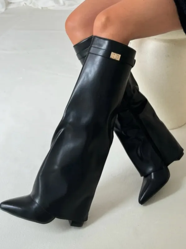 Women's Fold-Over Knee High Boots - Wide Leg with Block Heel and Pointed Toe sold by Elvoria London