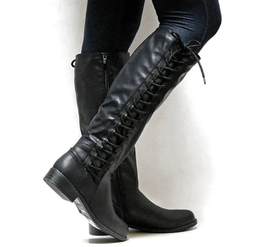 Women's Knee-High Boots - Side Lace-Up with Inner Zip and Low Heel sold by Elvoria London