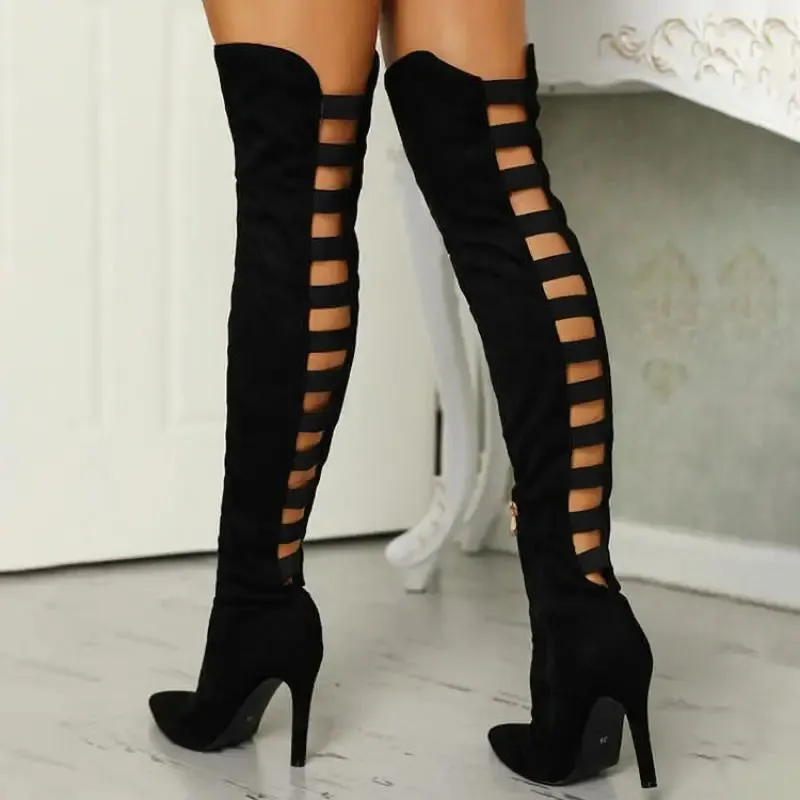 Women's Knee-High Boots - Strappy Cut-Out with High Stiletto Heel sold by Elvoria London