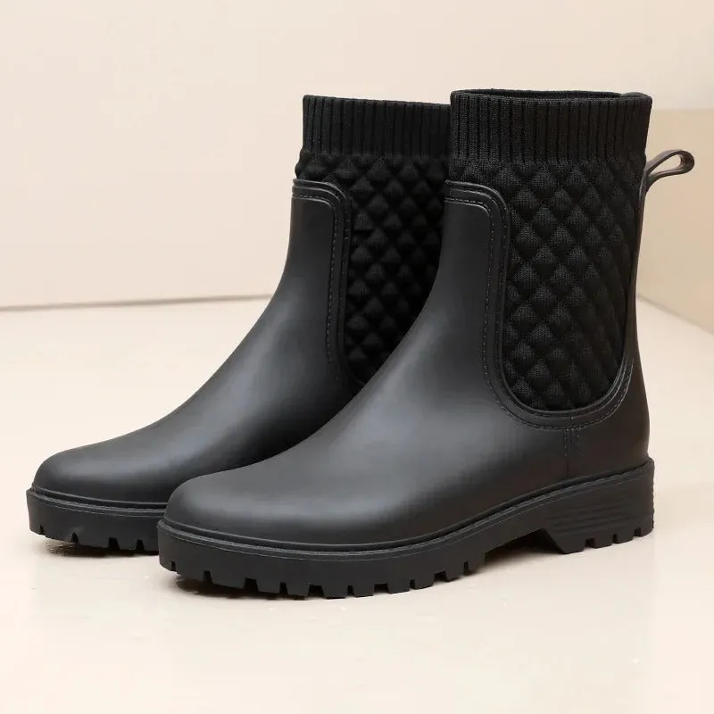 Women's Ankle Rain Boots - Quilted Knit Slip-On Design sold by Elvoria London