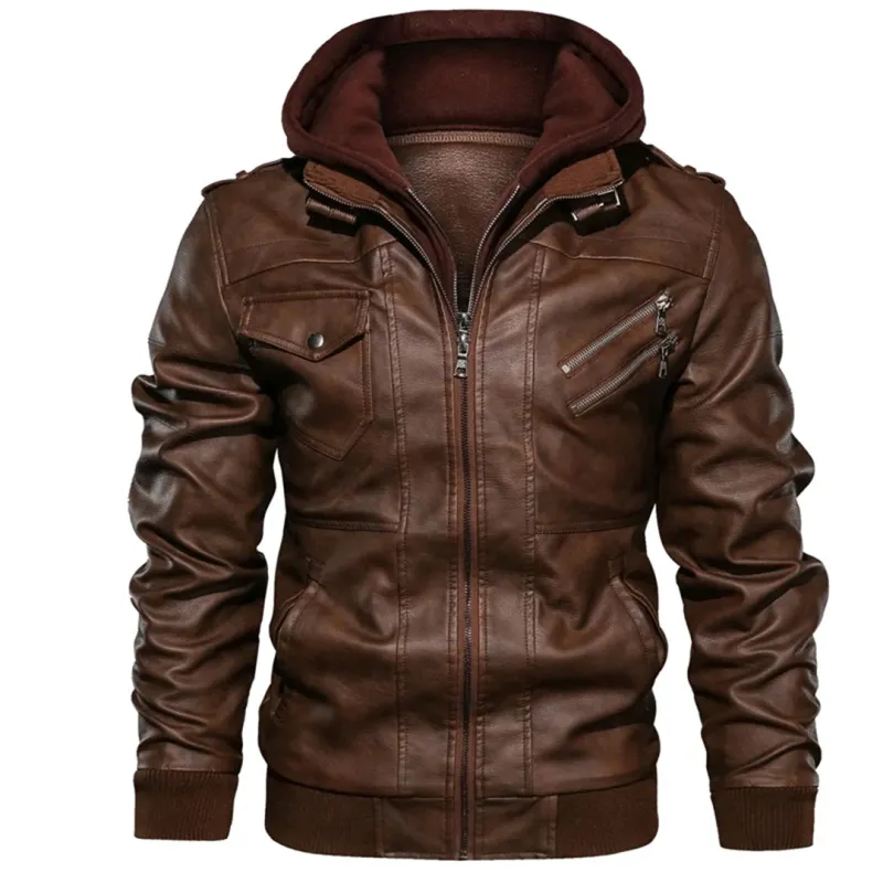 Men's Leather Jacket - Biker Style with Double-Layer Hood sold by Elvoria London