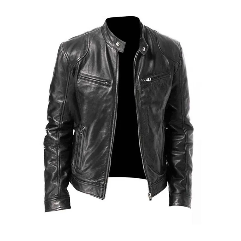Men's Leather Jacket - Biker Style with Stand-Up Collar sold by Elvoria London