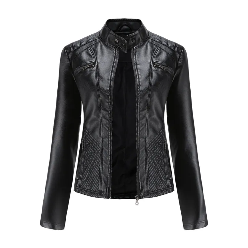 Women's Leather Jacket - Stand-Up Collar & Ribbed Details sold by Elvoria London